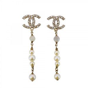 CHANEL Gold Pearl Logo Earrings